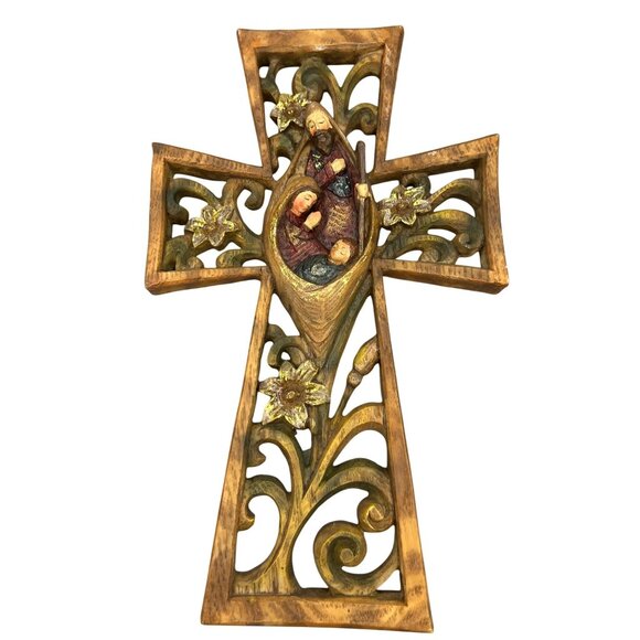 Nativity Wall Cross Christmas Decor 12" Baby Jesus Mary Joseph Faith Roman Inc - Picture 1 of 11